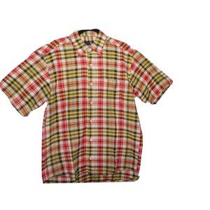 Strobe Woven Plaid Shirt Button Front 100% Cotton Red Yellow Black Mens